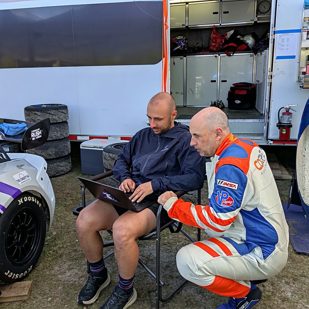 Talking strategy under the team tent at the track