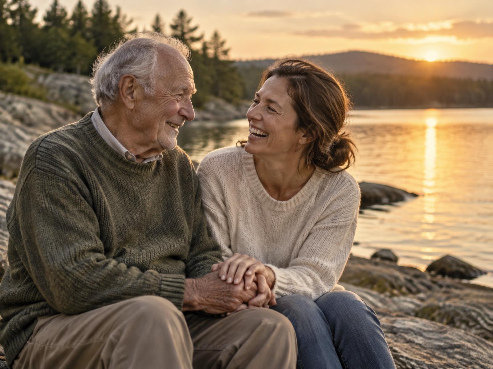 A father and daughter sharing time together beside a lake