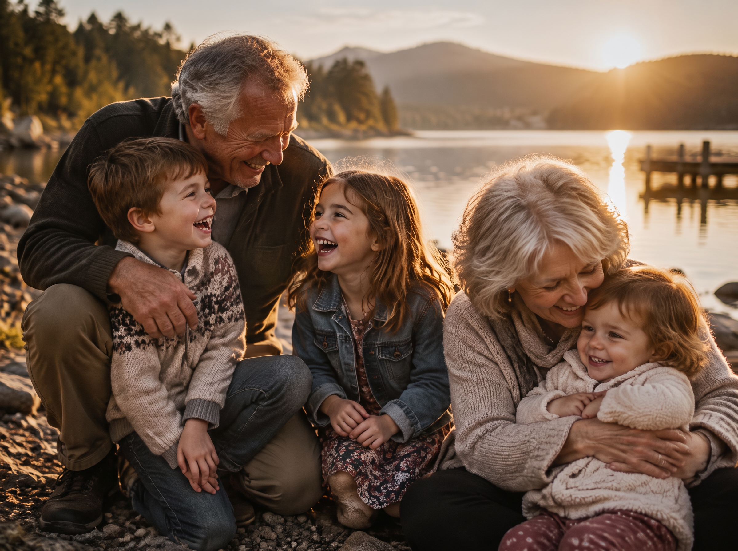 Grandparents laughing and sharing time together with their grandchildren beside a lake at sunset