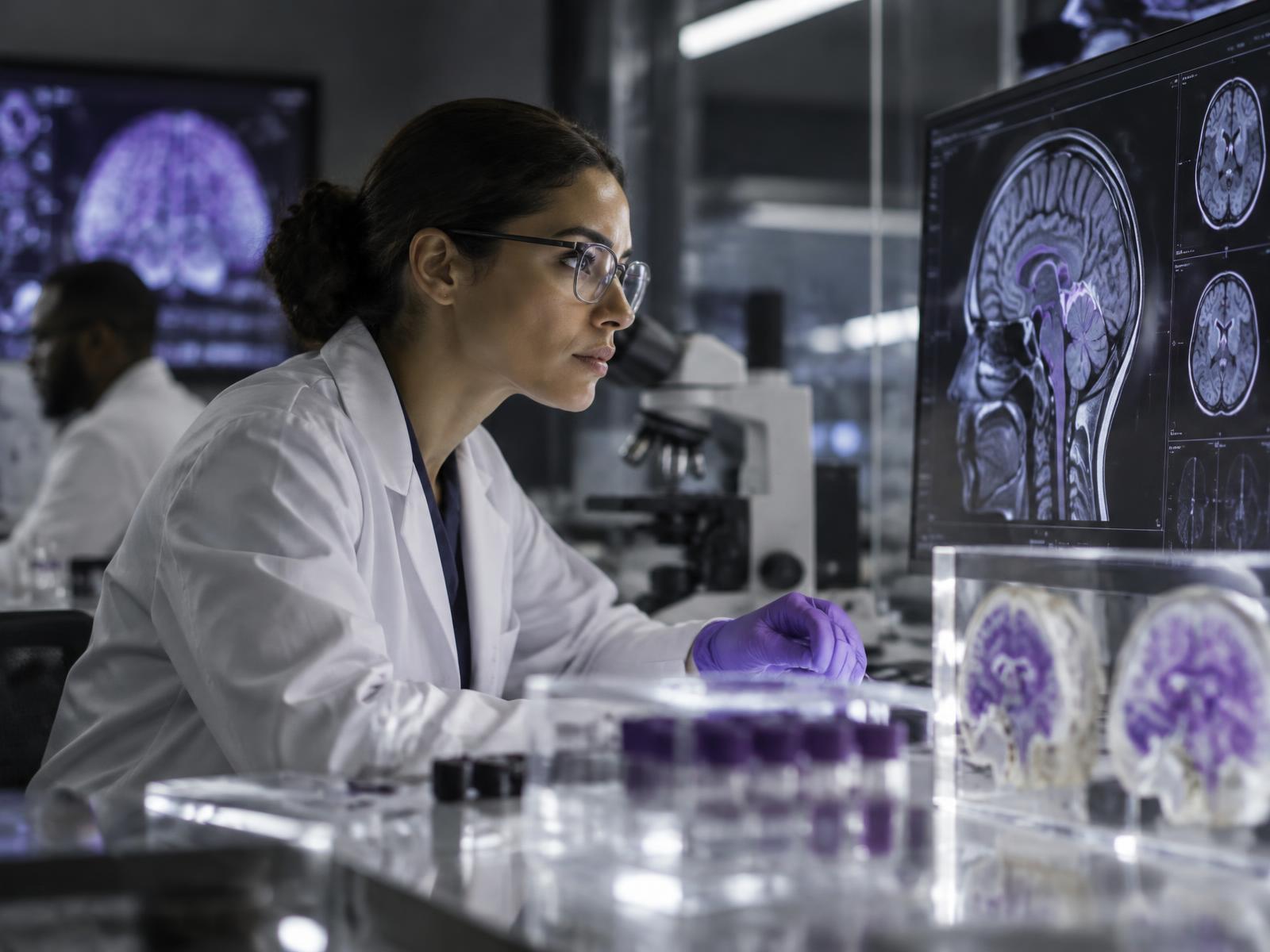 A researcher examining brain imaging in a modern laboratory